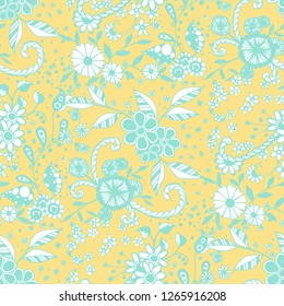 Seamless Pattern with Little Flowers in Rustic Style. Summer Floral Texture with Hand Drawn Doodle Blossoms, Leaves and Buds. Small Natural Rapport for Fabric, Cloth, Textile. Vector Zentangle.