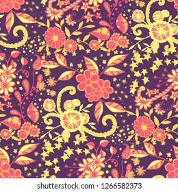 Seamless Pattern with Little Flowers in Rustic Style. Summer Floral Texture with Hand Drawn Doodle Blossoms, Leaves and Buds. Small Natural Rapport for Dress, Cloth, Paper. Vector Zentangle.