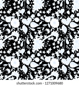Seamless Pattern with Little Flowers in Rustic Style. Spring Floral Texture with Hand Drawn Doodle Blossoms, Leaves and Buds. Small Natural Rapport for Dress, Print, Paper. Vector Zentangle.