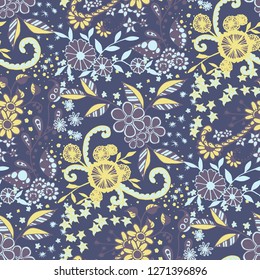 Seamless Pattern with Little Flowers in Rustic Style. Autumn Floral Texture with Hand Drawn Doodle Blossoms, Leaves and Buds. Small Natural Rapport for Print, Cotton, Calico. Vector Zentangle.