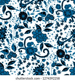 Seamless Pattern with Little Flowers in Rustic Style. Autumn Floral Texture with Hand Drawn Doodle Blossoms, Leaves and Buds. Small Natural Rapport for Fabric, Cloth, Textile. Vector Zentangle.