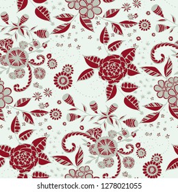 Seamless Pattern with Little Flowers in Rustic Style. Summer Floral Texture with Hand Drawn Doodle Blossoms, Leaves and Buds. Small Natural Rapport for Fabric, Cloth, Textile. Vector.