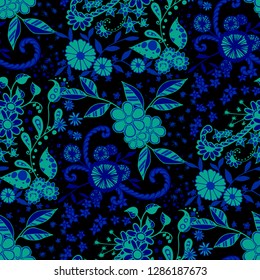 Seamless Pattern with Little Flowers in Rustic Style. Spring Floral Texture with Hand Drawn Doodle Blossoms, Leaves and Buds. Small Natural Rapport for Dress, Print, Cotton. Vector Zentangle.