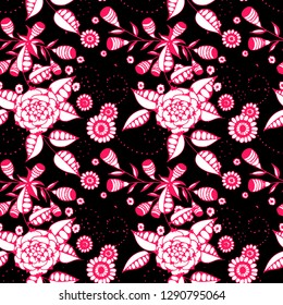 Seamless Pattern with Little Flowers in Rustic Style. Summer Floral Texture with Hand Drawn Doodle Blossoms, Leaves and Buds. Small Natural Rapport for Dress, Print, Cotton. Vector.