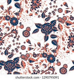 Seamless Pattern with Little Flowers in Rustic Style. Spring Floral Texture with Hand Drawn Doodle Blossoms, Leaves and Buds. Small Natural Rapport for Dress, Cloth, Paper. Vector.