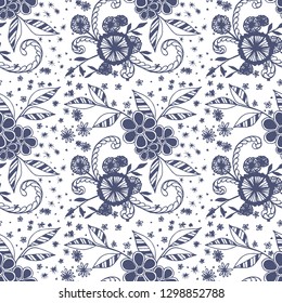 Seamless Pattern with Little Flowers in Rustic Style. Summer Floral Texture with Hand Drawn Doodles. Small Natural Rapport for Fabric, Cloth, Paper. Vector Seamless Background with Wild Flowers.