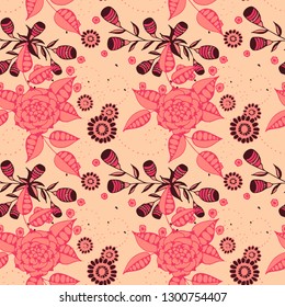 Seamless Pattern with Little Flowers in Rustic Style. Autumn Floral Texture with Hand Drawn Doodle Blossoms, Leaves and Buds. Small Natural Rapport for Fabric, Cloth, Paper. Vector.