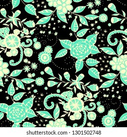 Seamless Pattern with Little Flowers in Rustic Style. Summer Floral Texture with Hand Drawn Doodle Blossoms, Leaves and Buds. Small Natural Rapport for Fabric, Cloth, Paper. Vector.