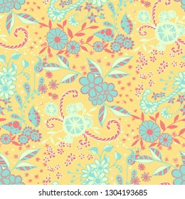 Seamless Pattern with Little Flowers in Rustic Style. Spring Floral Texture with Hand Drawn Doodle Blossoms, Leaves and Buds. Small Natural Rapport for Print, Cotton, Calico. Vector Zentangle.