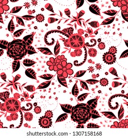 Seamless Pattern with Little Flowers in Rustic Style. Autumn Floral Texture with Hand Drawn Doodle Blossoms, Leaves and Buds. Small Natural Rapport for Print, Cotton, Calico. Vector.