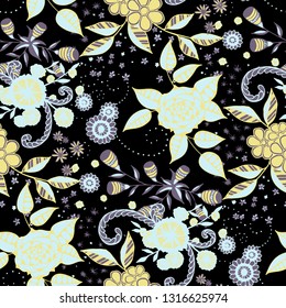 Seamless Pattern with Little Flowers in Rustic Style. Summer Floral Texture with Hand Drawn Doodle Blossoms, Leaves and Buds. Small Natural Rapport for Chintz, Linen, Calico. Vector.