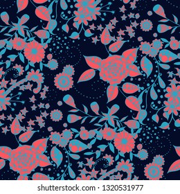 Seamless Pattern with Little Flowers in Rustic Style. Spring Floral Texture with Hand Drawn Doodle Blossoms, Leaves and Buds. Small Natural Rapport for Chintz, Linen, Textile. Vector.