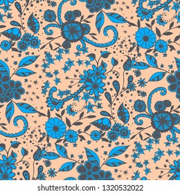 Seamless Pattern with Little Flowers in Rustic Style. Autumn Floral Texture with Hand Drawn Doodle Blossoms, Leaves and Buds. Small Natural Rapport for Chintz, Cotton, Calico. Vector Zentangle.