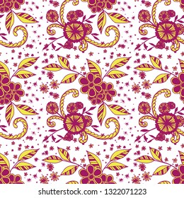 Seamless Pattern with Little Flowers in Rustic Style. Spring Floral Texture with Hand Drawn Doodles. Small Natural Rapport for Chintz, Linen, Calico. Vector Seamless Background with Wild Flowers.
