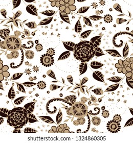 Seamless Pattern with Little Flowers in Rustic Style. Spring Floral Texture with Hand Drawn Doodle Blossoms, Leaves and Buds. Small Natural Rapport for Dress, Print, Cotton. Vector.