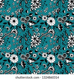 Seamless Pattern with Little Flowers in Rustic Style. Autumn Floral Texture with Hand Drawn Doodle Blossoms, Leaves and Buds. Small Natural Rapport for Fabric, Cloth, Paper. Vector Zentangle.