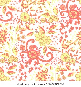Seamless Pattern with Little Flowers in Rustic Style. Summer Floral Texture with Hand Drawn Doodle Blossoms, Leaves and Buds. Small Natural Rapport for Chintz, Linen, Textile. Vector Zentangle.