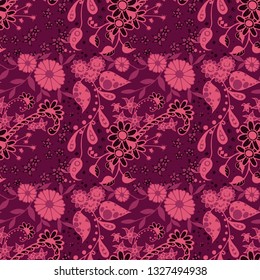 Seamless Pattern with Little Flowers in Rustic Style. Spring Floral Texture with Hand Drawn Doodle Blossoms, Leaves and Buds. Small Natural Rapport for Fabric, Linen, Textile. Vector Zentangle.