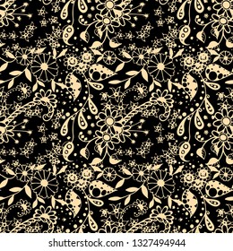 Seamless Pattern with Little Flowers in Rustic Style. Summer Floral Texture with Hand Drawn Doodle Blossoms, Leaves and Buds. Small Natural Rapport for Dress, Print, Paper. Vector Zentangle.