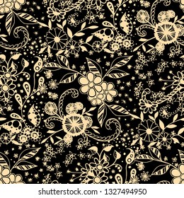 Seamless Pattern with Little Flowers in Rustic Style. Summer Floral Texture with Hand Drawn Doodle Blossoms, Leaves and Buds. Small Natural Rapport for Chintz, Cotton, Calico. Vector Zentangle.