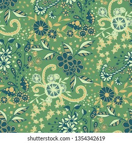 Seamless Pattern with Little Flowers in Rustic Style. Autumn Floral Texture with Hand Drawn Doodle Blossoms, Leaves and Buds. Small Natural Rapport for Dress, Print, Paper. Vector Zentangle.