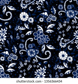 Seamless Pattern with Little Flowers in Rustic Style. Spring Floral Texture with Hand Drawn Doodle Blossoms, Leaves and Buds. Small Natural Rapport for Print, Cotton, Calico. Vector Zentangle.