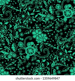 Seamless Pattern with Little Flowers in Rustic Style. Autumn Floral Texture with Hand Drawn Doodle Blossoms, Leaves and Buds. Small Natural Rapport for Print, Cotton, Calico. Vector Zentangle.
