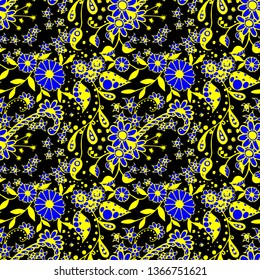 Seamless Pattern with Little Flowers in Rustic Style. Autumn Floral Texture with Hand Drawn Doodle Blossoms, Leaves and Buds. Small Natural Rapport for Dress, Print, Cotton. Vector Zentangle.