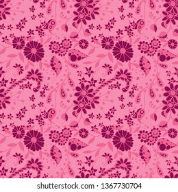 Seamless Pattern with Little Flowers in Rustic Style. Autumn Floral Texture with Hand Drawn Doodle Blossoms, Leaves and Buds. Small Natural Rapport for Chintz, Linen, Calico. Vector Zentangle.