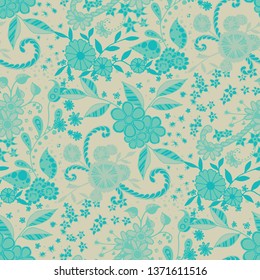 Seamless Pattern with Little Flowers in Rustic Style. Summer Floral Texture with Hand Drawn Doodle Blossoms, Leaves and Buds. Small Natural Rapport for Fabric, Cloth, Paper. Vector Zentangle.