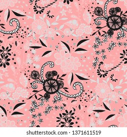 Seamless Pattern with Little Flowers in Rustic Style. Summer Floral Texture with Hand Drawn Doodle Blossoms, Leaves and Buds. Small Natural Rapport for Dress, Cloth, Paper. Vector Zentangle.