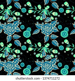 Seamless Pattern with Little Flowers in Rustic Style. Spring Floral Texture with Hand Drawn Doodle Blossoms, Leaves and Buds. Small Natural Rapport for Chintz, Cotton, Calico. Vector.