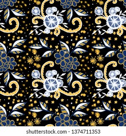 Seamless Pattern with Little Flowers in Rustic Style. Summer Floral Texture with Hand Drawn Doodles. Small Natural Rapport for Dress, Cloth, Paper. Vector Seamless Background with Wild Flowers.