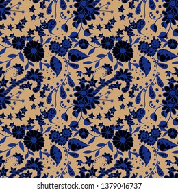 Seamless Pattern with Little Flowers in Rustic Style. Summer Floral Texture with Hand Drawn Doodle Blossoms, Leaves and Buds. Small Natural Rapport for Fabric, Linen, Textile. Vector Zentangle.