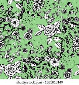 Seamless Pattern with Little Flowers in Rustic Style. Spring Floral Texture with Hand Drawn Doodle Blossoms, Leaves and Buds. Small Natural Rapport for Fabric, Cloth, Textile. Vector.