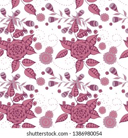 Seamless Pattern with Little Flowers in Rustic Style. Spring Floral Texture with Hand Drawn Doodle Blossoms, Leaves and Buds. Small Natural Rapport for Dress, Print, Cotton. Vector.
