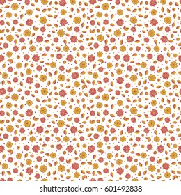 Seamless pattern little flowers in yellow and magenta colors. Vector cute floral pattern in the small flower on a white backdrop.