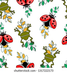 Seamless pattern with little flying ladybug and frog on green-yellow leaves. Abstract silhouette of a ladybug and frog. Design for wallpapers, fabrics, posters.