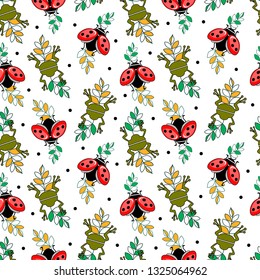 Seamless pattern with little flying ladybug and frog on green-yellow leaves. Abstract silhouette of a ladybug and frog. Design for wallpapers, fabrics, posters.