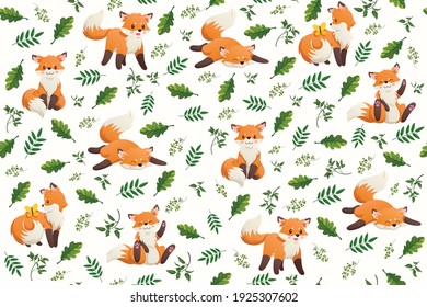 
Seamless pattern with a little fox, butterfly and flowers. Wrapping paper pattern. Background with vector cartoon elements.