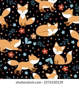 Seamless pattern with a little fox, flowers and leaves. 