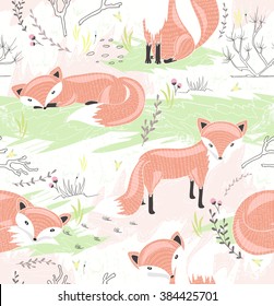 seamless pattern with little foxes cute spring background for kid or children fox