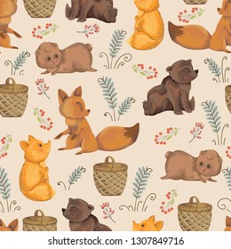 Seamless pattern with little foxes, teddy bear, basket, berries and fern leaves.  Design in watercolor style for baby shower party, wallpaper, fabric. Cartoon characters. Vector illustration.