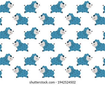 Seamless pattern of little funny blue prancing lambs in the Scandinavian style on a white background. For bedding, textile, fabric, nursery wallpaper. Vector.