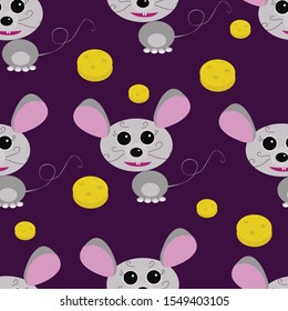 Seamless pattern of little funny mice and cheese on a dark background vector