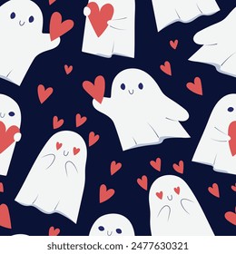 Seamless pattern with little ghost in love, flying around giving hearts. Hand drawn vector illustration with dark blue background