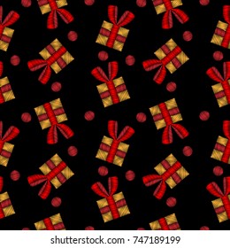Seamless pattern with little gift embroidery stitches imitation on the black background. Holiday embroidery background.
