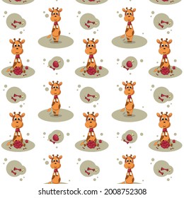 seamless pattern with little giraffes and red apples on a white background