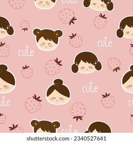 seamless pattern of little girl face on pastel pink background with strawberry  hand drawing and word cute  vector illustration