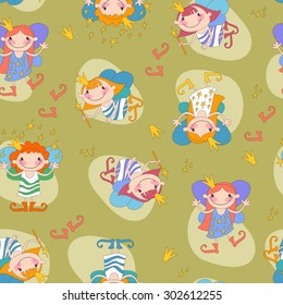 Seamless pattern of little girl fairies on pistachio green background.